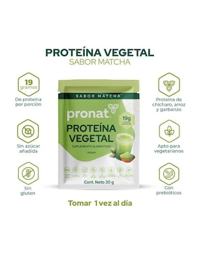 Suplemento proteína vegetal Pronat con proteína de arroz, proteína de chícharo y probióticos sabor matcha de 30 g