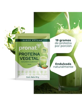 Suplemento proteína vegetal Pronat con proteína de arroz, proteína de chícharo y probióticos sabor matcha de 30 g
