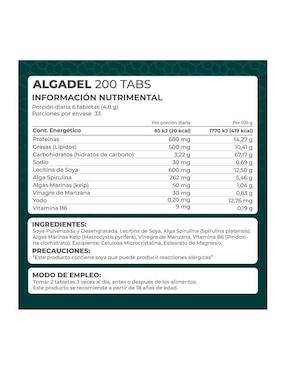 Suplemento Algadel Pronat con alga espirulina de 200 tabletas