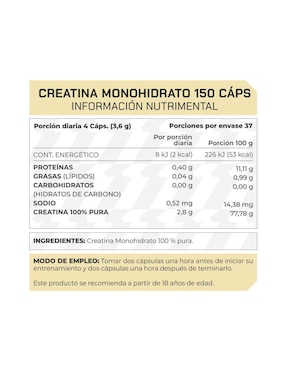 Suplemento Creatina monohidrato Prowinner de 150 cápsulas