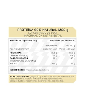 Suplemento Proteína 90% Concentrado de Soya ProWinner Prowinner sabor natural de 1.2 kg