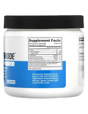 Fibra y Probióticos Complejo de Inulina con Psyllium 198 g Evlution Nutrition con fibra alimentaria (inulina, isomaltooligosacárido, cáscara de semilla de psyllium en polvo), bacillus coagulans de 198 g