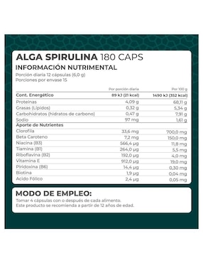 Suplemento Alga spirulina Pronat Pronat de 180 cápsulas