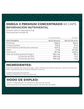 Omega 3 Premium Pronat con dha, epa y vitamina e sabor menta - hierbabuena de 60 cápsulas