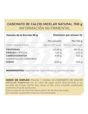 Suplemento Caseinato de calcio micelar ProWinner Pronat sabor natural de 700 g