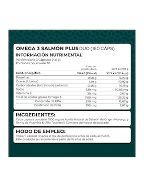 Salmón Plus (Omega 3) DUO Pronat con omega 3, aceite de salmón, dha y epa de 180 cápsulas