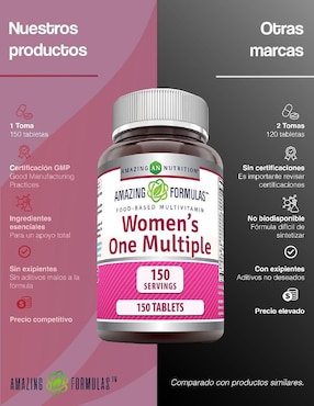 Womens' One Multiple Amazing Nutrition con multivitaminico sabor natural de 150 tabletas