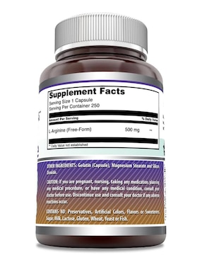 L-Arginine 500 mg Amazing Nutrition con arginina sabor natural de 250 cápsulas