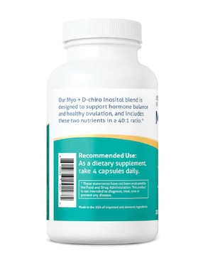 Myo + D Chiro Inositol Fertilidad Fairhaven Health sabor natural de 120 cápsulas