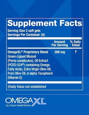 Omega XL Joint & Muscle Support Great Healthworks con aceite de mejillón de labios verdes y vitamina e sabor natural de 60 cápsulas