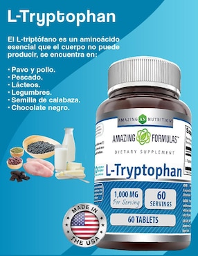Tryptophan Amazing Nutrition con triptófano sabor natural de 60 tabletas