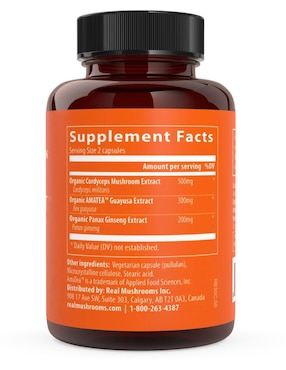 Realboost Real Mushrooms con cordyceps panax ginseng y amatea sabor natural de 60 cápsulas