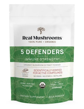 5 Defenders Real Mushrooms con hongos cola de pavo reishi maitake shiitake y chaga sabor natural de 45 g