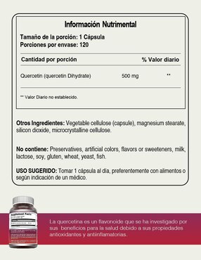Quercetin 500 mg Amazing Nutrition con quercetina sabor natural de 120 cápsulas