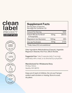 Glicinato de magnesio Wholesome Story con vitamina b6 magnesio y zinc sabor natural de 60 cápsulas