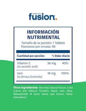 Hierro+Vitamina C Bariatric Fusion con hierro sabor sandia de 90 tabletas