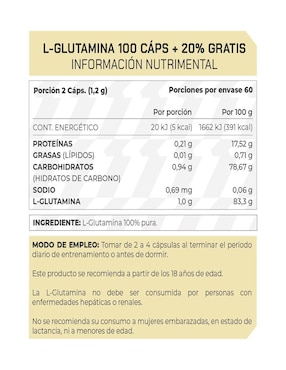 Set de suplementos alimenticios de L-Glutamina 100 Cápsulas + 20% Extra - Prowinner Prowinner