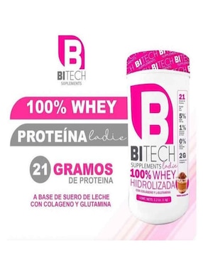 Bitech Ladie 100% Whey Hidrolizada
Colageno y L-Glutamina Bitech con proteína de suero de leche aislado sabor chocolate de 1 kg
