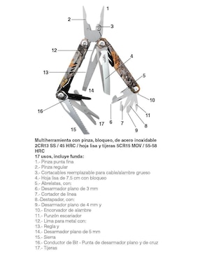 Multiherramienta plegable Wallis de 17 usos con pinza