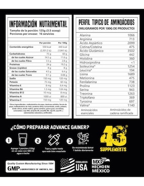 Proteína advance gainer ganador de masa 43 Supplements sabor chocolate de 2 kg