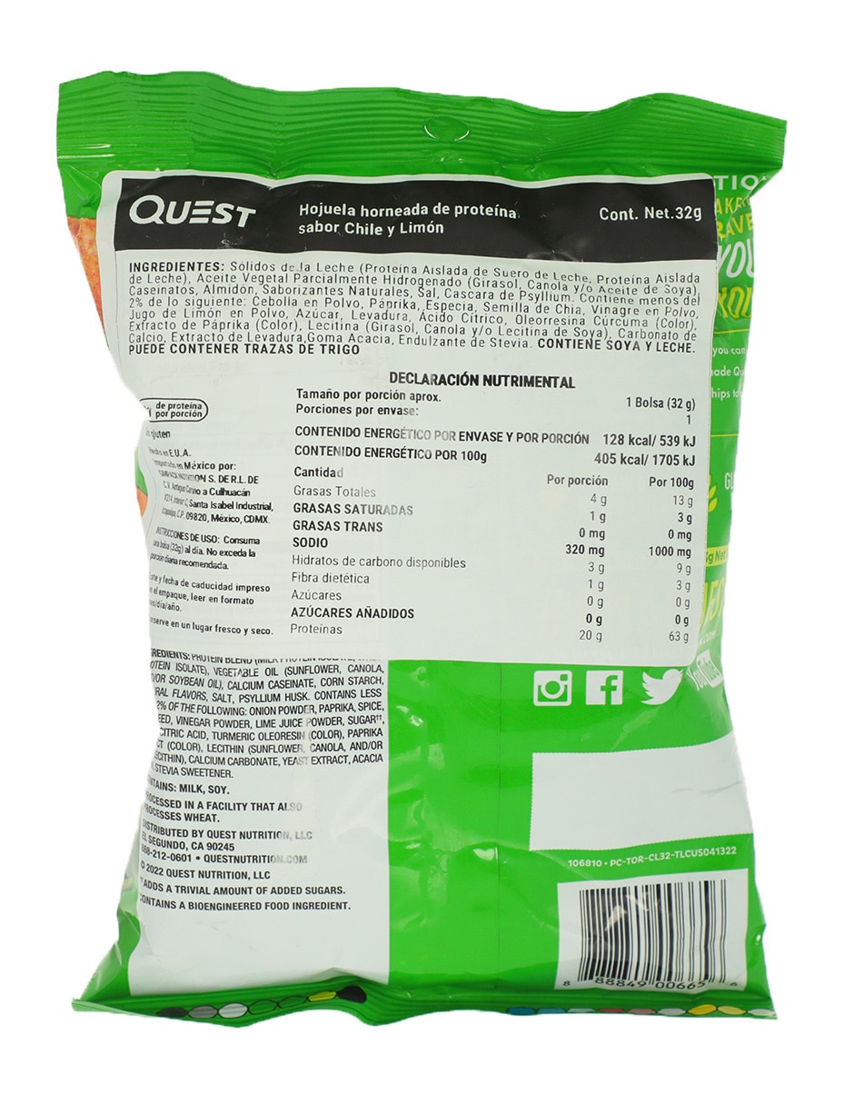 chips horneadas de proteína sabor chile y limón Quest 32 g 2