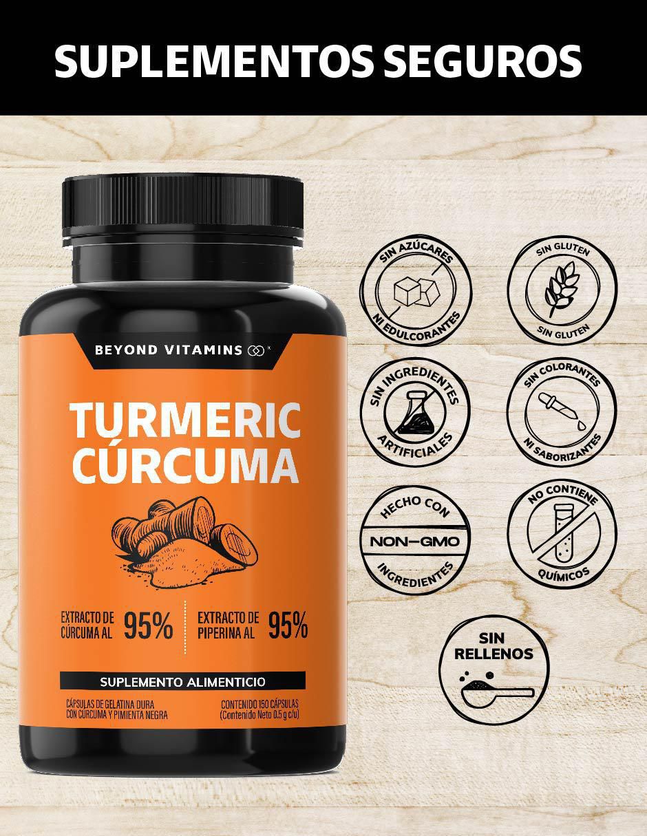 Cúrcuma al 95% y Pimienta negra con turmeric y piperina sabor natural de 150 cápsulas 2