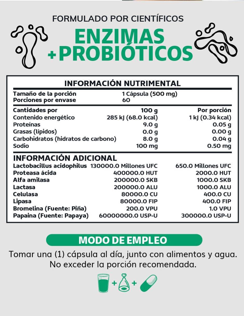 Enzimas + Probióticos con enzimas digestivas y probióticos sabor natural de 60 cápsulas 2
