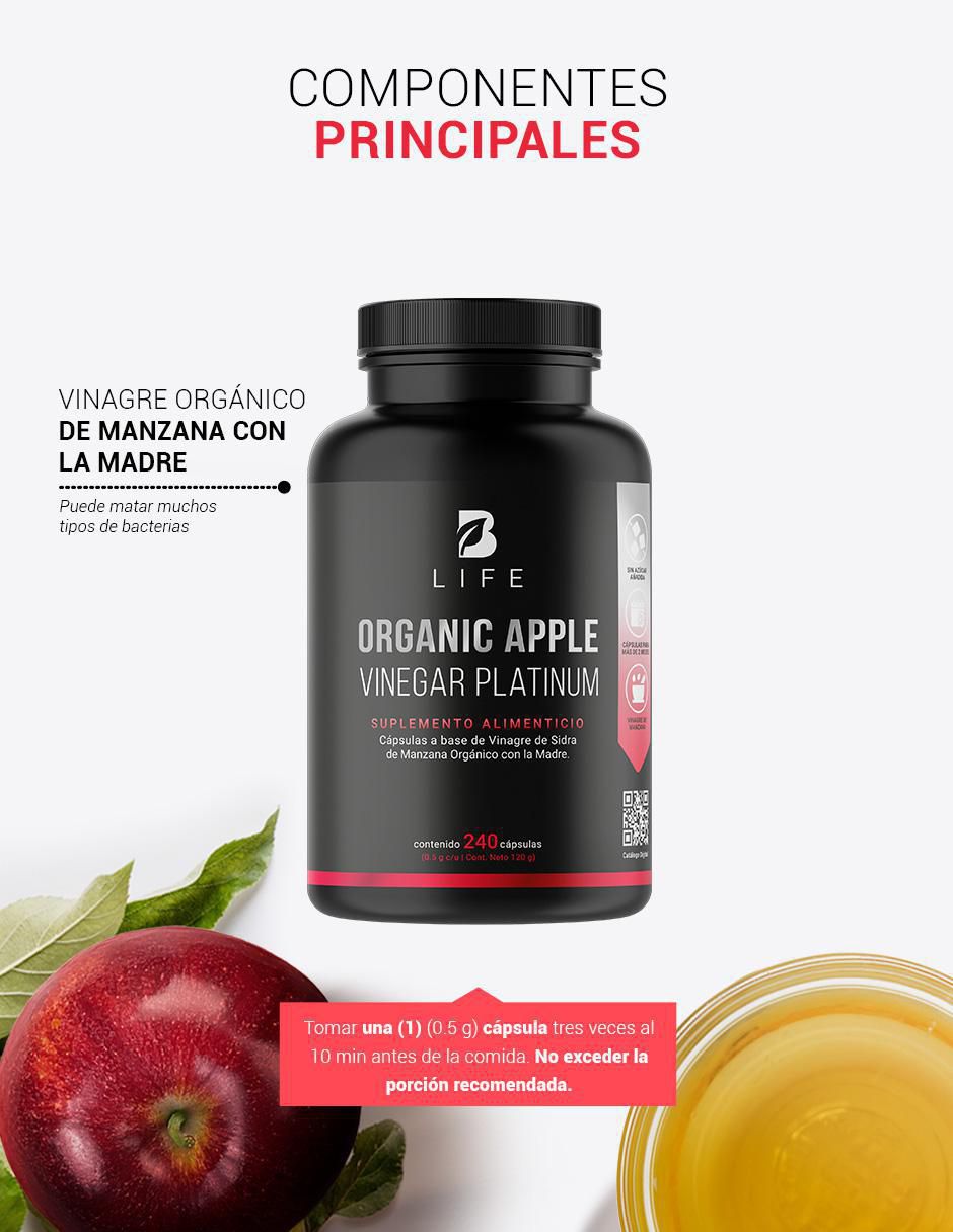 Organic Apple Vinegar Platinum con vinagre de manzana e inulina de agave de 240 cápsulas 3