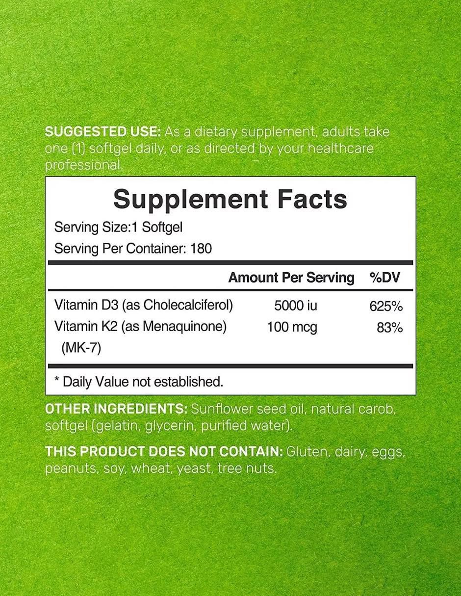Suplemento Alimenticio Vitamina D3 + K2 de 180 cápsulas 3