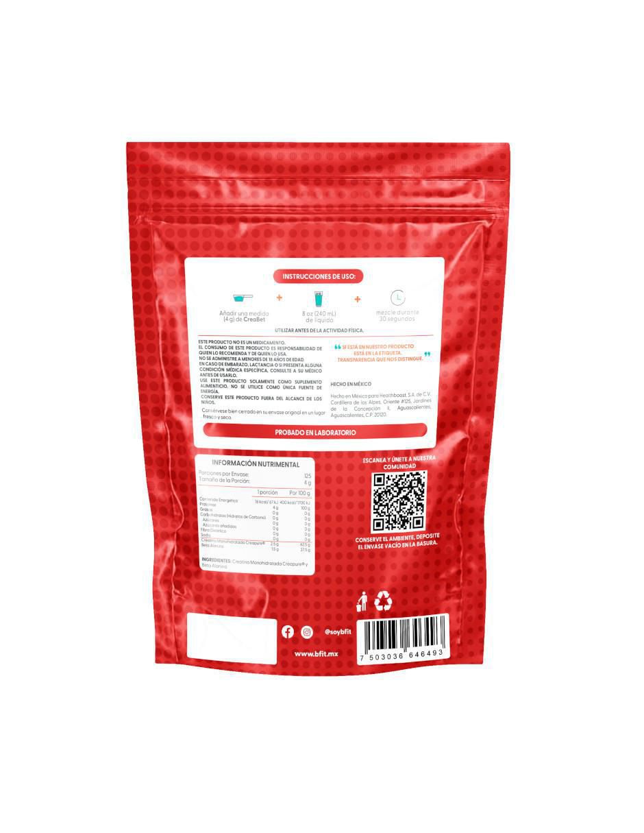CreaBet 500 g con creatina monohidratada y beta alanina de 500 g