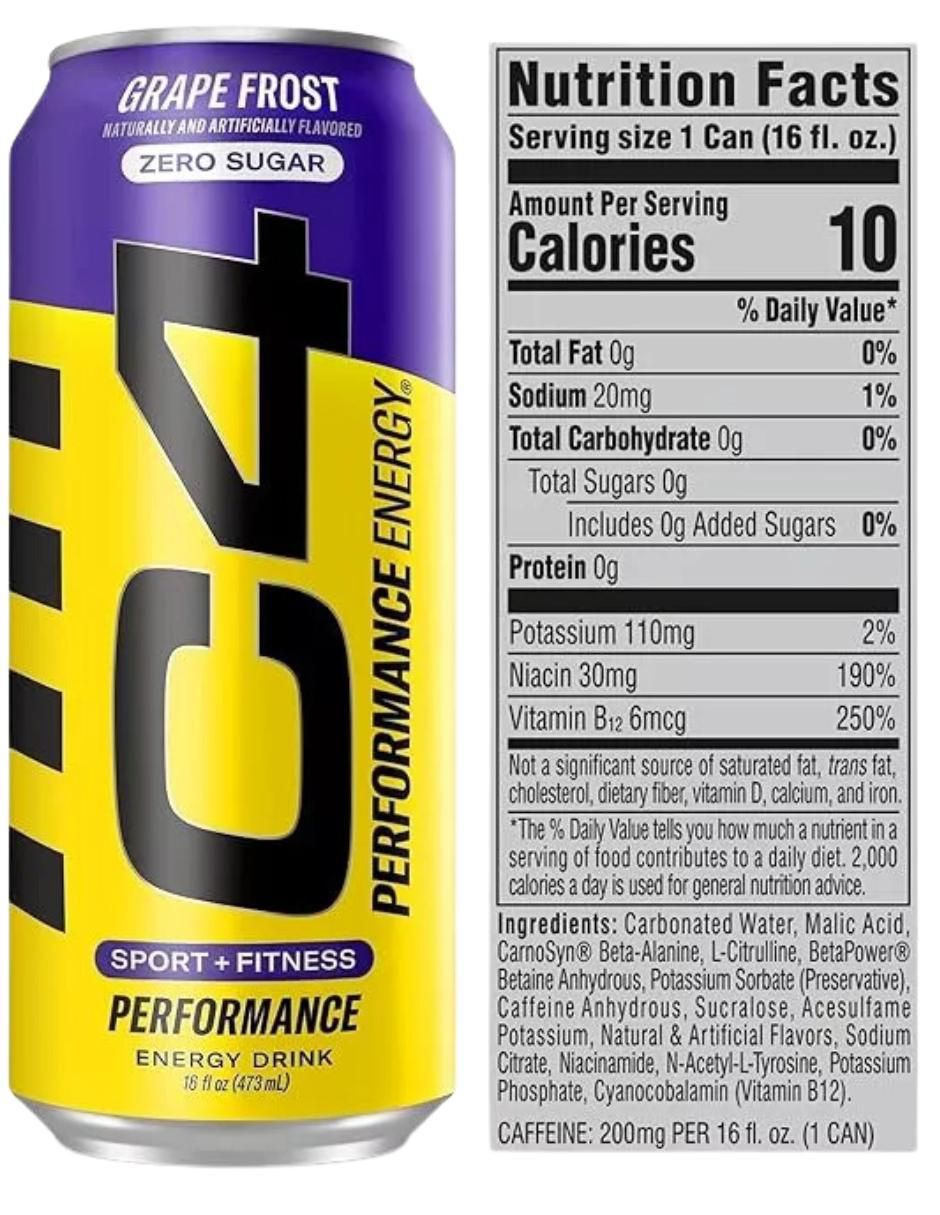 12 Latas C4 Suplmento Pre Entrenamiento Grape Frost Azucar Free Cellucor con l-arginina sabor uva de 470 ml 3