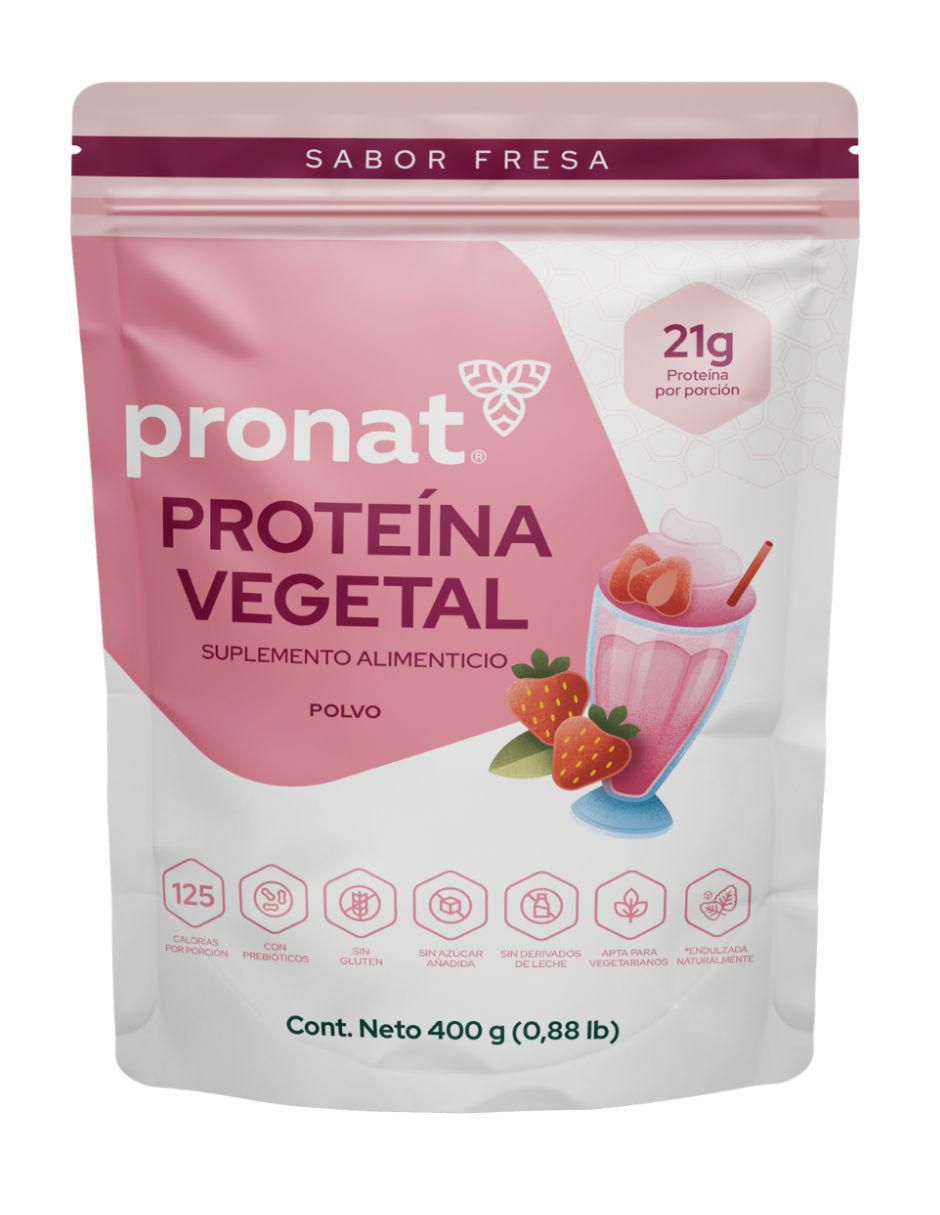 Suplemento proteína vegetal con proteína de arroz, proteína de chícharo y probióticos sabor fresa de 400 g Suplemento proteína vegetal con proteína de arroz, proteína de chícharo y probióticos sabor fresa de 400 g