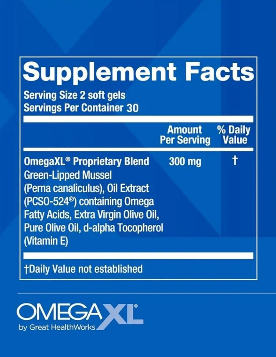 Omega XL Joint & Muscle Support con aceite de mejillón de labios verdes y vitamina e sabor natural de 60 cápsulas 2