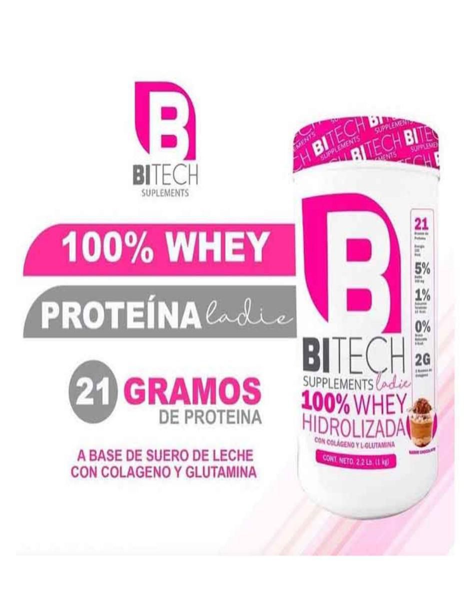 Ladie 100% Whey Hidrolizada
Colageno y L-Glutamina Bitech con proteína de suero de leche aislado sabor chocolate de 1 kg 4