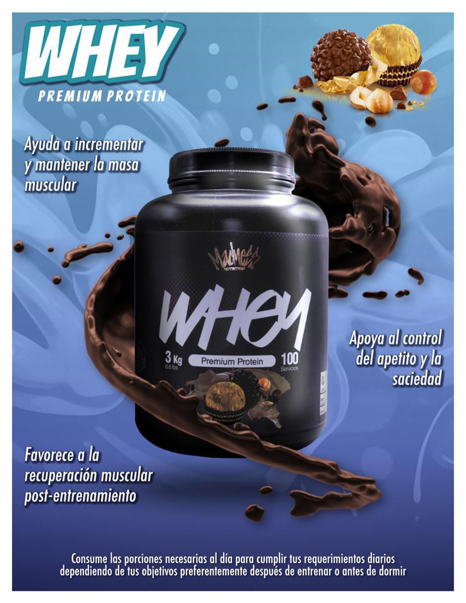 Proteína whey madness suplemento deportivo premium con proteína sabor chocolate de 3 kg 4