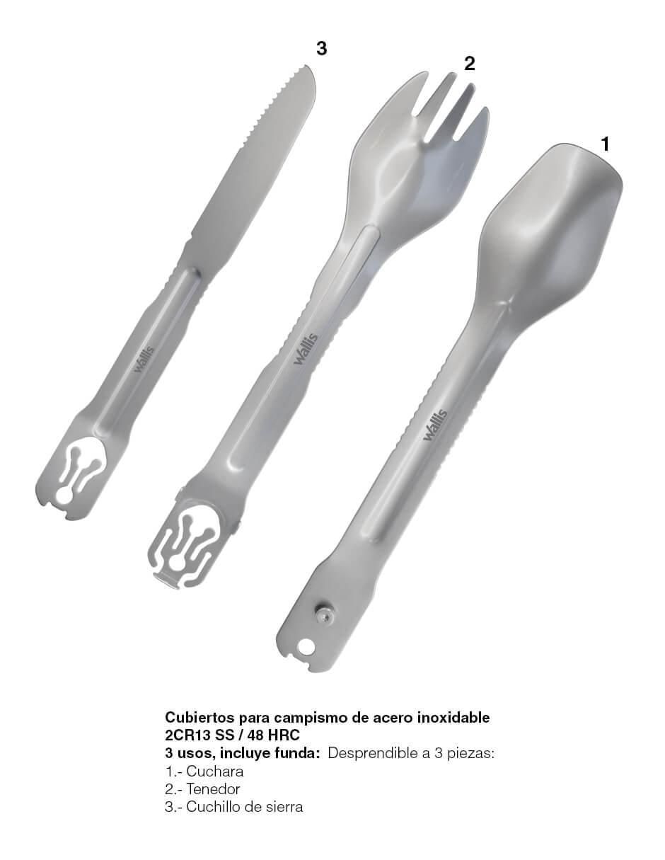 Cubiertos para campismo de acero inoxidable 3 piezas 6