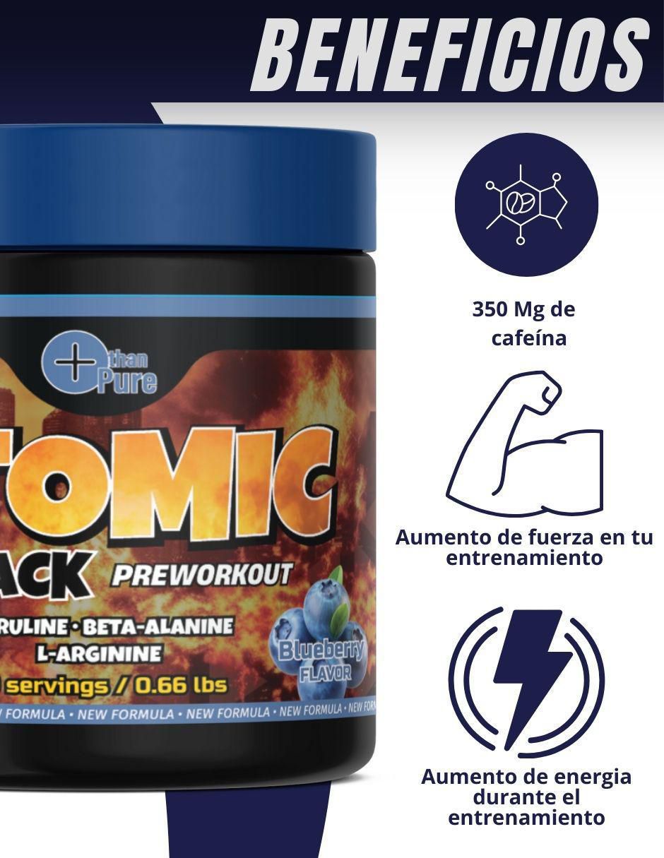 Preentreno Atomic Black con cafeína  sabor blueberry de 300 G 2