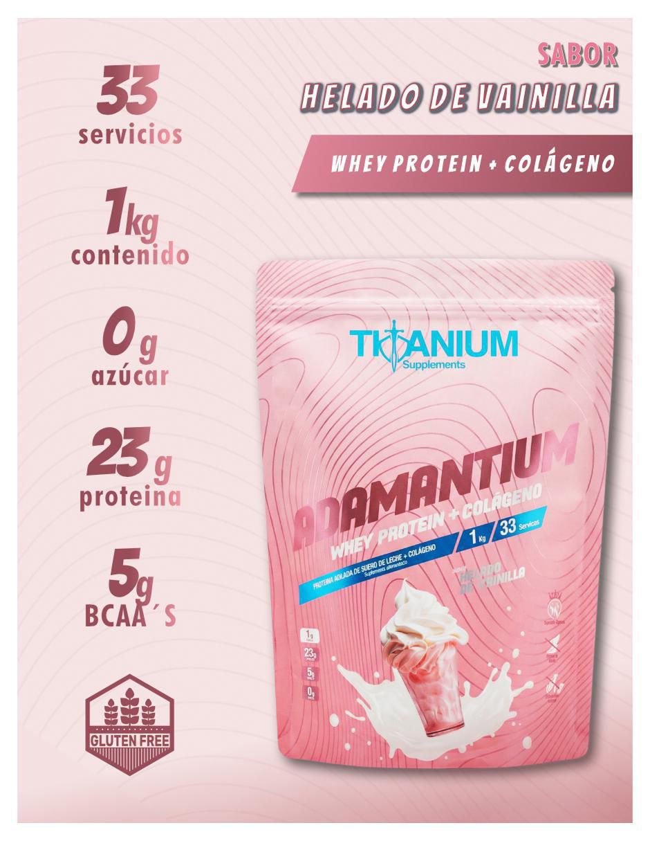Adamantium Whey Protein con colágeno y proteína de suero de leche sabor helado de vainilla de 1 kg 2