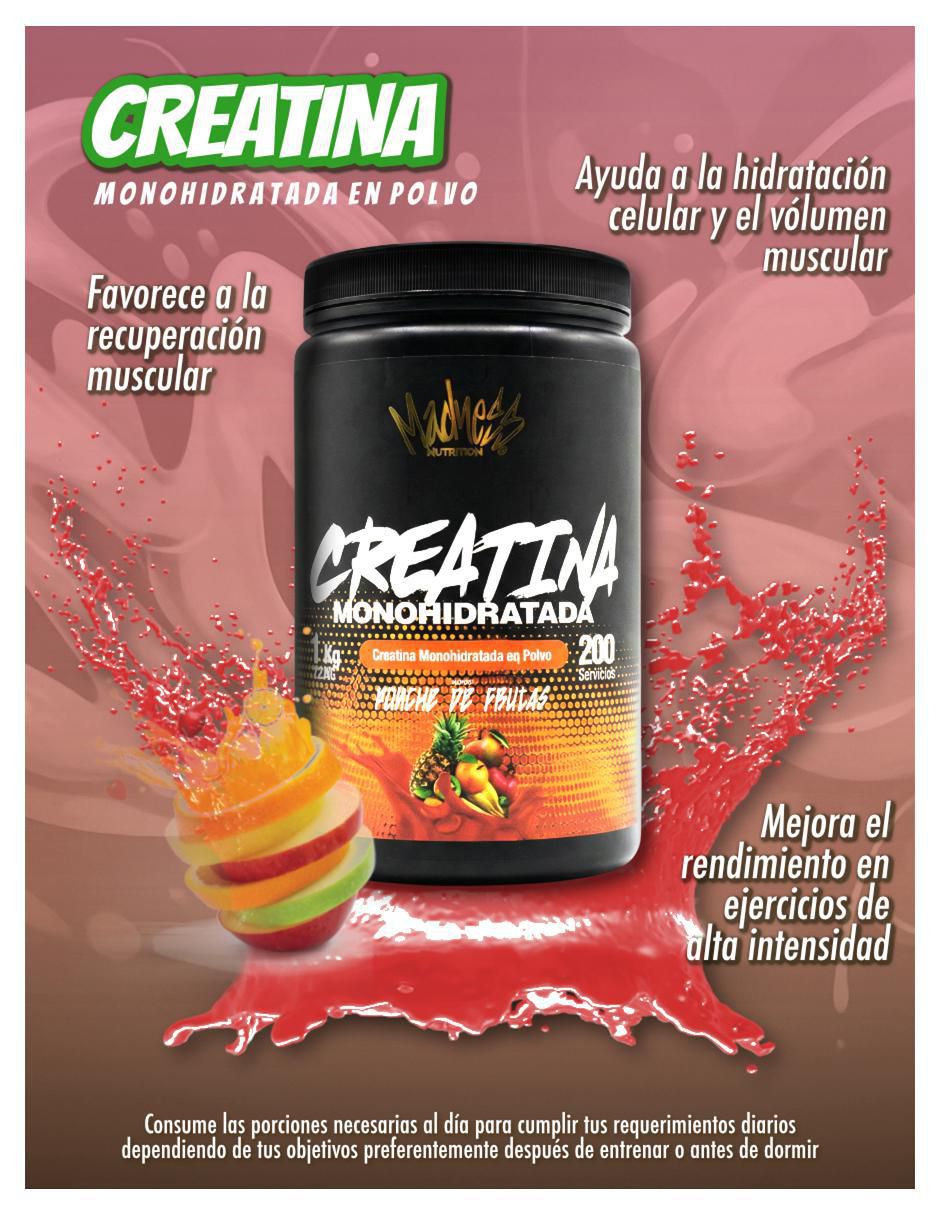 Creatina monohidratada sabor ponche de frutas de 1 kg 4
